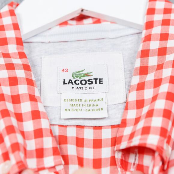 LACOSTE Classic Fit Gingham Check Button Down Shirt Short Sleeve Red Mens 43 XL - Picture 5 of 6